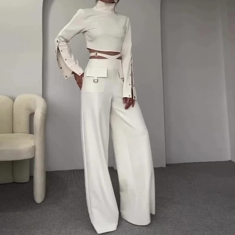 Drap Fin Two-Piece Set — High Neck Top and Wide-Leg Trousers